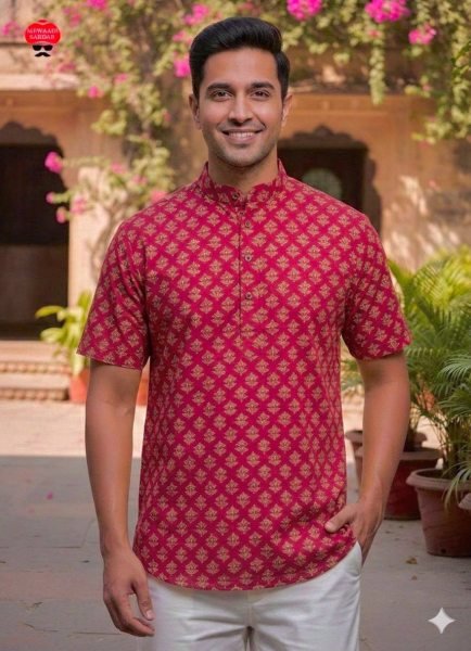 Eco friendly Red Cotton Printed Short Kurta for Men Summer Wear Mens Short Kurta