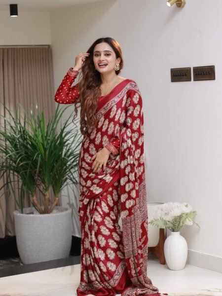 Eco friendly Red Original Semi Gajji Silk Saree with Printed Design at Manufacturer Price Sarees 