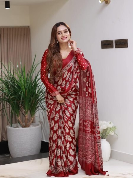 Eco friendly Red Original Semi Gajji Silk Saree with Printed Design at Manufacturer Price Printed Cotton Sarees Wholesale