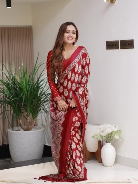 Eco friendly Red Original Semi Gajji Silk Saree with Printed Design at Manufacturer Price Printed Cotton Sarees Wholesale
