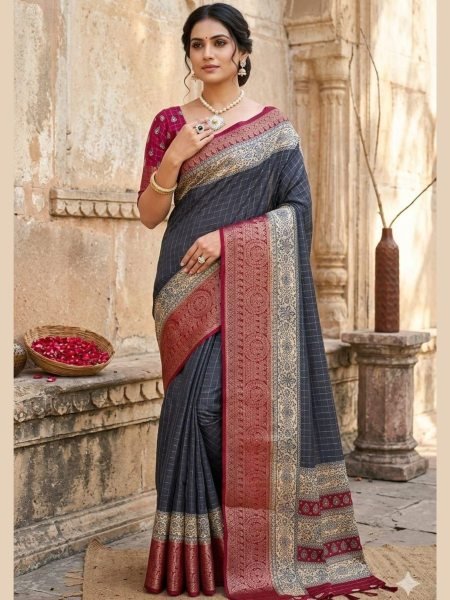 Eco friendly Steel Blue Premium Dola Cotton Silk Saree with Jacquard Zari Border and Pallu Sarees 