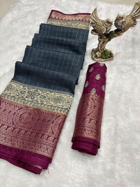 Eco friendly Steel Blue Premium Dola Cotton Silk Saree with Jacquard Zari Border and Pallu Cotton Sarees Wholesale