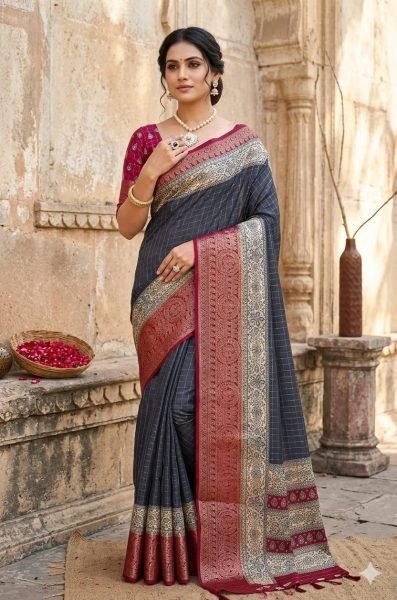 Eco friendly Steel Blue Premium Dola Cotton Silk Saree with Jacquard Zari Border and Pallu Cotton Sarees Wholesale