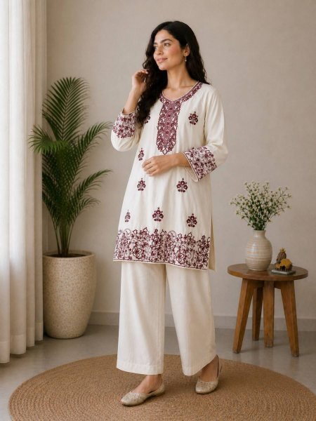 Eco friendly White Red Rayon Cotton Embroidered Co Ord Set for Women Kurtis