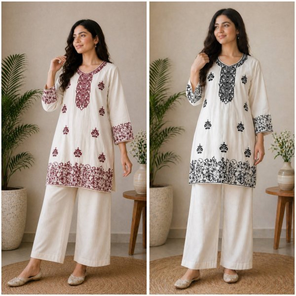 Eco friendly White Red Rayon Cotton Embroidered Co Ord Set for Women CO ORD Sets
