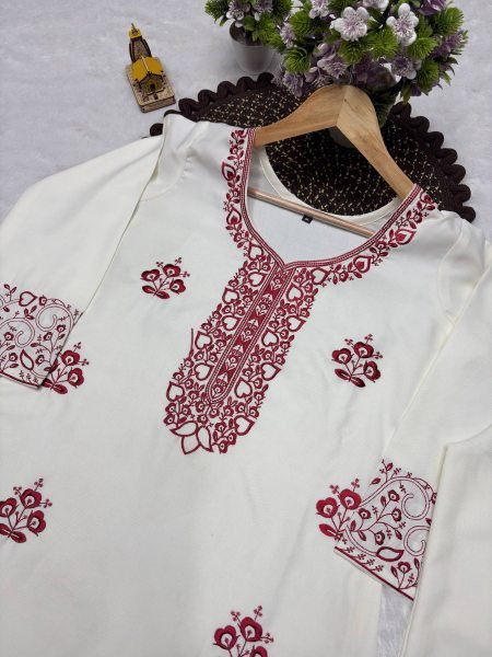 Eco friendly White Red Rayon Cotton Embroidered Co Ord Set for Women CO ORD Sets