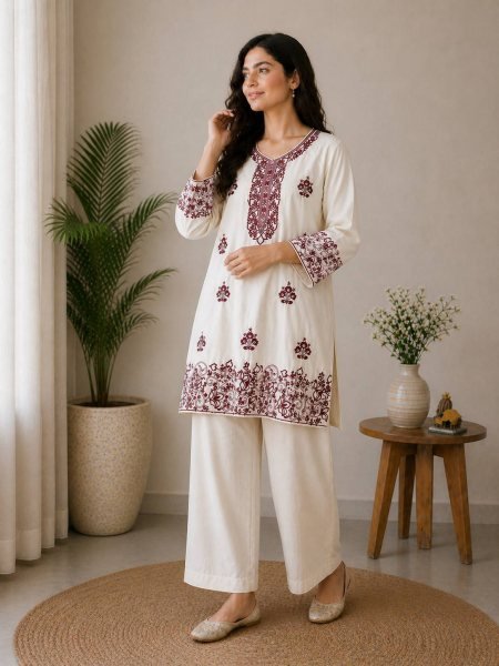 Eco friendly White Red Rayon Cotton Embroidered Co Ord Set for Women CO ORD Sets