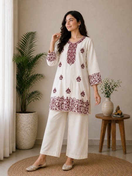 Eco friendly White Red Rayon Cotton Embroidered Co Ord Set for Women CO ORD Sets