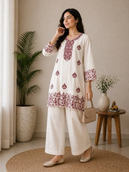 Eco friendly White Red Rayon Cotton Embroidered Co Ord Set for Women CO ORD Sets