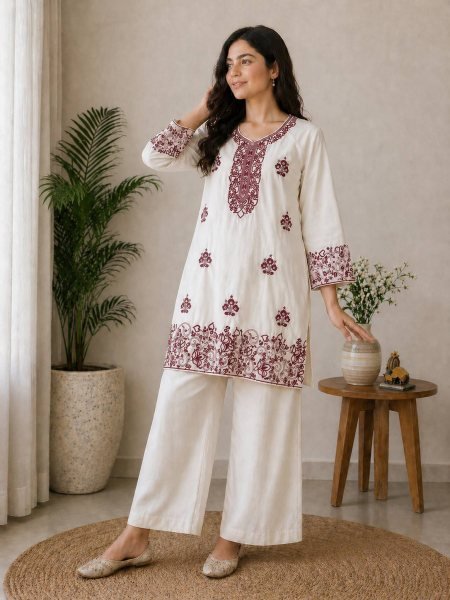 Eco friendly White Red Rayon Cotton Embroidered Co Ord Set for Women CO ORD Sets