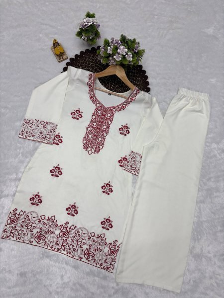 Eco friendly White Red Rayon Cotton Embroidered Co Ord Set for Women CO ORD Sets