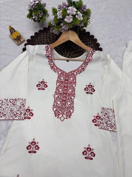 Eco friendly White Red Rayon Cotton Embroidered Co Ord Set for Women CO ORD Sets