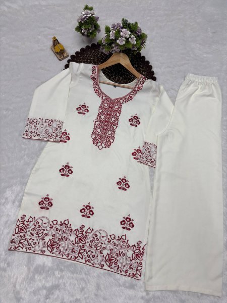 Eco friendly White Red Rayon Cotton Embroidered Co Ord Set for Women CO ORD Sets