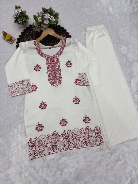 Eco friendly White Red Rayon Cotton Embroidered Co Ord Set for Women CO ORD Sets
