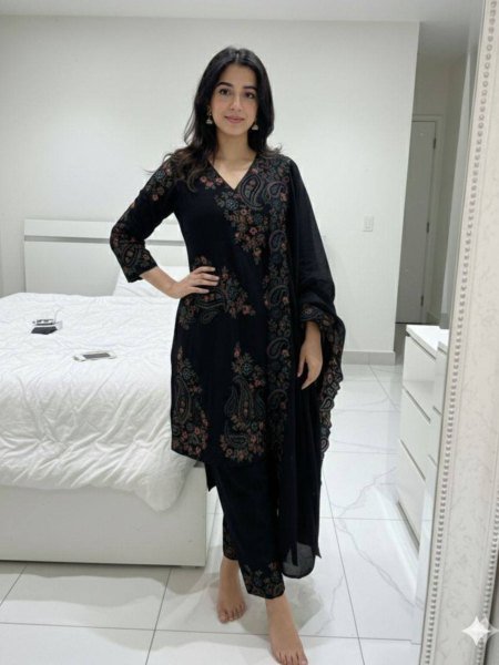 Efficient Black Fendy Fabric Suit Set with Sequence Embroidery for Women Ready To Wear Suit