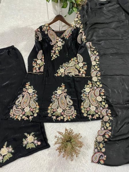 Efficient Black Fendy Fabric Suit Set with Sequence Embroidery for Women Ready To Wear Collection