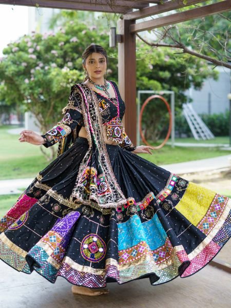Efficient Black Muslin Cotton Lehenga Set with Mirror Work Choli and Handmade Kodi Lace  Lehenga