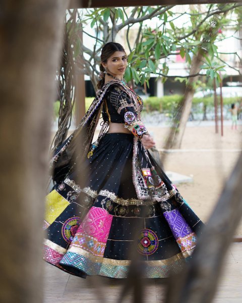 Efficient Black Muslin Cotton Lehenga Set with Mirror Work Choli and Handmade Kodi Lace Navratri Lehnega Choli
