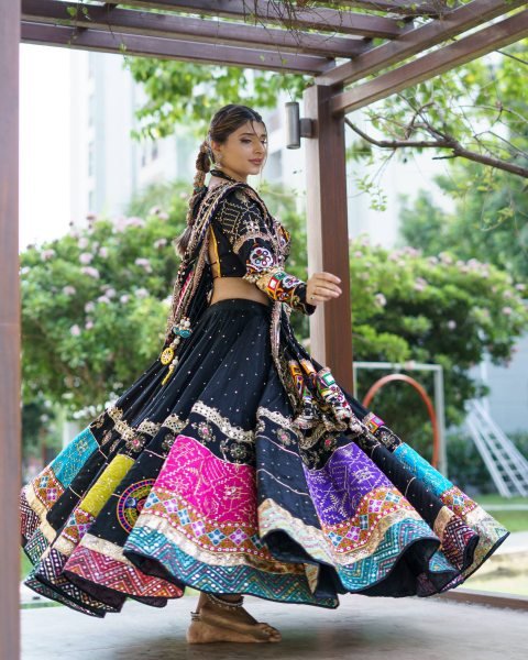 Efficient Black Muslin Cotton Lehenga Set with Mirror Work Choli and Handmade Kodi Lace Navratri Lehnega Choli