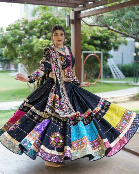 Efficient Black Muslin Cotton Lehenga Set with Mirror Work Choli and Handmade Kodi Lace Navratri Lehnega Choli