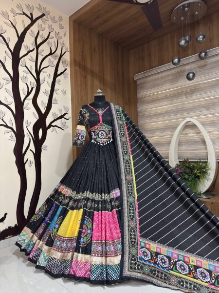 Efficient Black Muslin Cotton Lehenga Set with Mirror Work Choli and Handmade Kodi Lace Navratri Lehnega Choli