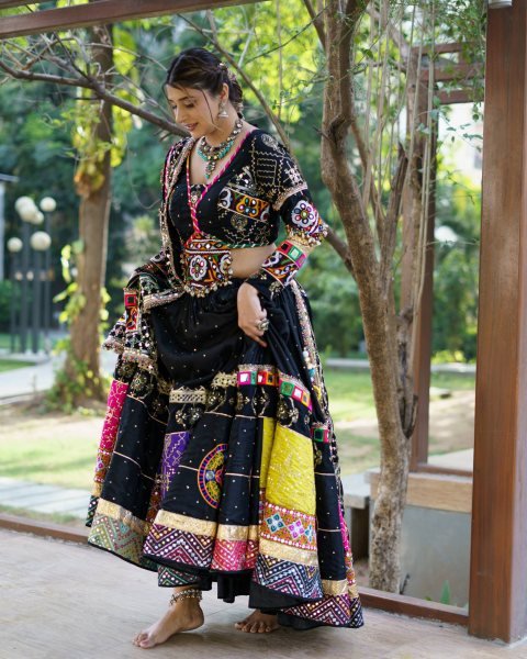 Efficient Black Muslin Cotton Lehenga Set with Mirror Work Choli and Handmade Kodi Lace Navratri Lehnega Choli