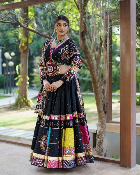 Efficient Black Muslin Cotton Lehenga Set with Mirror Work Choli and Handmade Kodi Lace Navratri Lehnega Choli