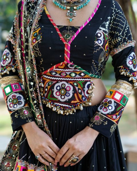 Efficient Black Muslin Cotton Lehenga Set with Mirror Work Choli and Handmade Kodi Lace Navratri Lehnega Choli
