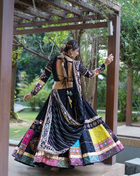 Efficient Black Muslin Cotton Lehenga Set with Mirror Work Choli and Handmade Kodi Lace Navratri Lehnega Choli