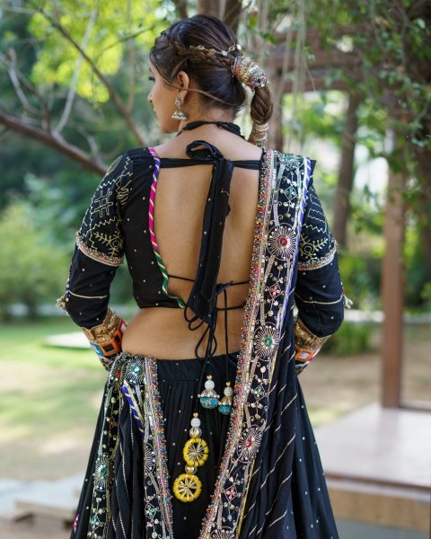 Efficient Black Muslin Cotton Lehenga Set with Mirror Work Choli and Handmade Kodi Lace Navratri Lehnega Choli