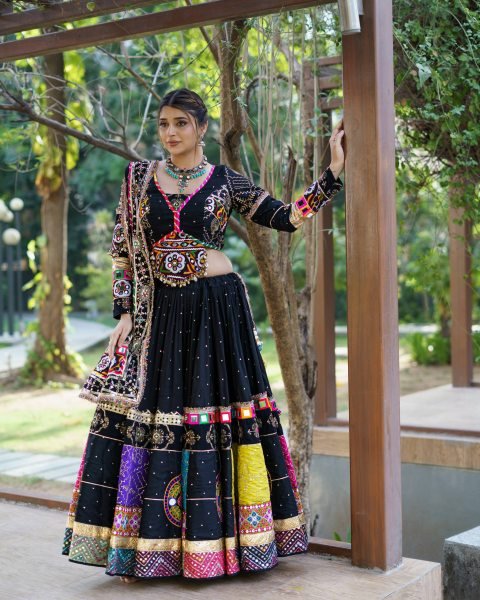 Efficient Black Muslin Cotton Lehenga Set with Mirror Work Choli and Handmade Kodi Lace Navratri Lehnega Choli