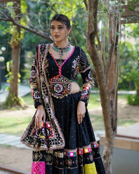 Efficient Black Muslin Cotton Lehenga Set with Mirror Work Choli and Handmade Kodi Lace Navratri Lehnega Choli