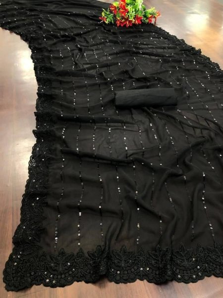 Efficient Black Soft Georgette Sequins Embroidered Saree with Satin Banglori Blouse Bollywood Fancy Sarees Wholesale