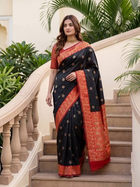 Efficient Black Women's Lichi Silk Saree with Rich Jacquard Pallu For Festival 