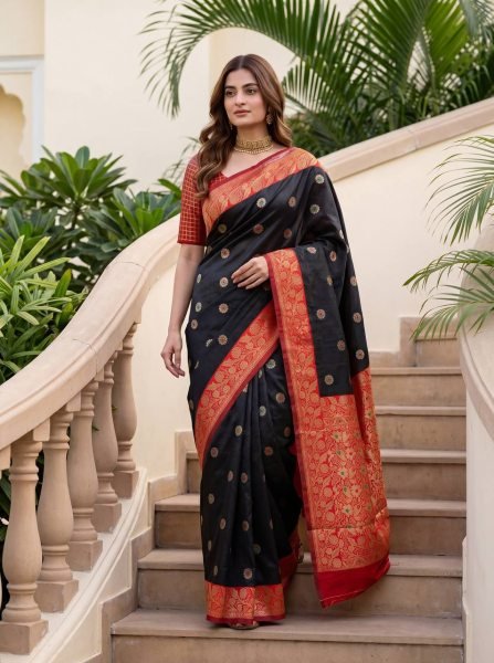 Efficient Black Women's Lichi Silk Saree with Rich Jacquard Pallu For Festival Silk Sarees Wholesale
