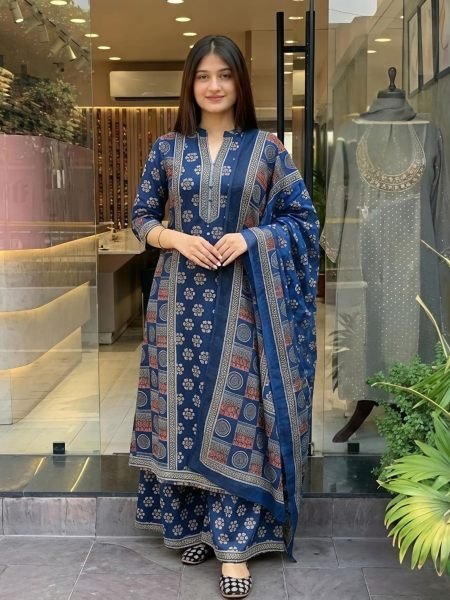 Efficient Blue Cotton Tier Pattern Anarkali Suit Set with Embroidered Neck for Festival Wear 