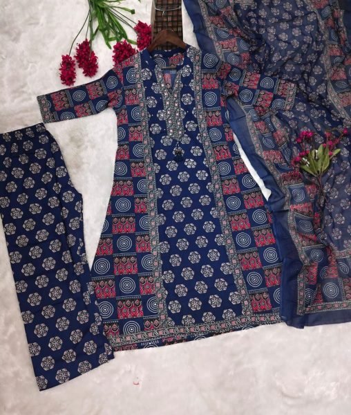 Efficient Blue Cotton Tier Pattern Anarkali Suit Set with Embroidered Neck for Festival Wear Anarkali Kurtis 