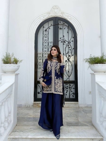 Efficient Blue Rangoli Silk Kurti Set with Zari Embroidery Work Ready To Wear Suit
