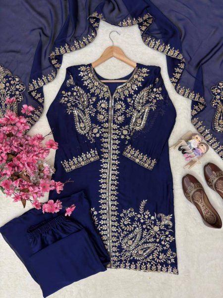 Efficient Blue Rangoli Silk Kurti Set with Zari Embroidery Work Ready To Wear Collection