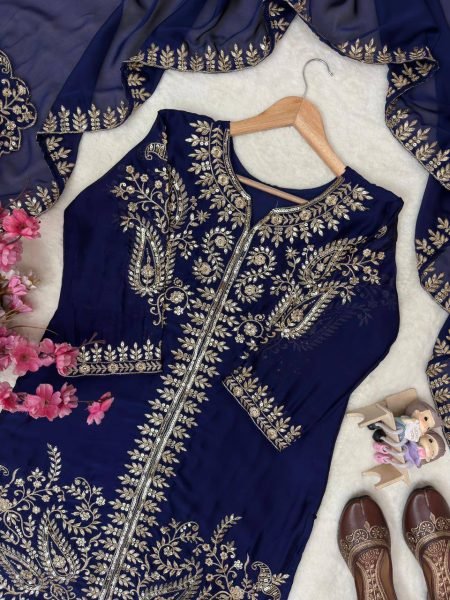 Efficient Blue Rangoli Silk Kurti Set with Zari Embroidery Work Ready To Wear Collection