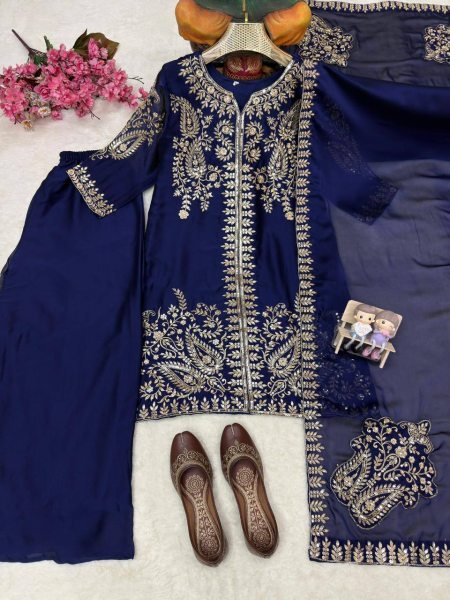 Efficient Blue Rangoli Silk Kurti Set with Zari Embroidery Work Ready To Wear Collection