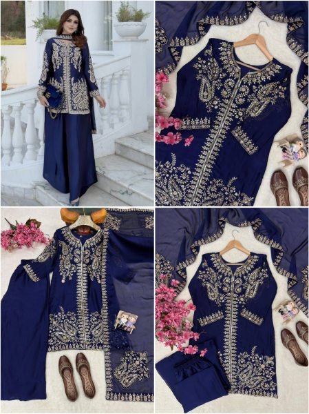 Efficient Blue Rangoli Silk Kurti Set with Zari Embroidery Work Ready To Wear Collection