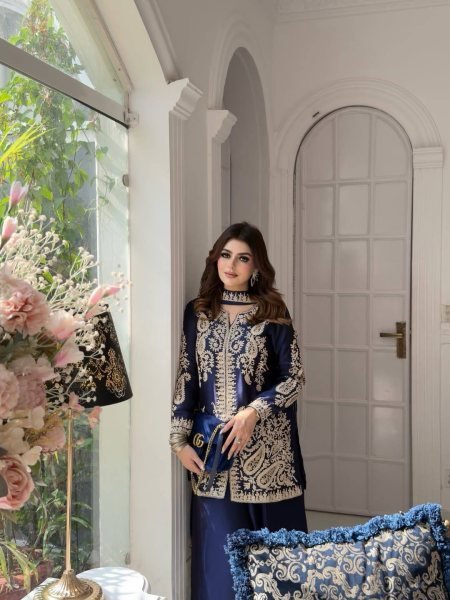 Efficient Blue Rangoli Silk Kurti Set with Zari Embroidery Work Ready To Wear Collection
