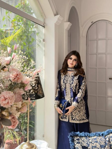 Efficient Blue Rangoli Silk Kurti Set with Zari Embroidery Work Ready To Wear Collection