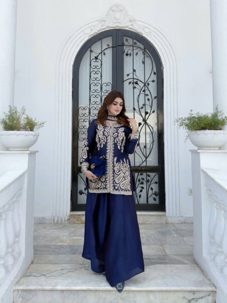 Efficient Blue Rangoli Silk Kurti Set with Zari Embroidery Work Ready To Wear Collection