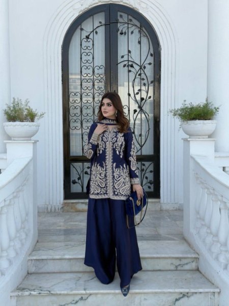 Efficient Blue Rangoli Silk Kurti Set with Zari Embroidery Work Ready To Wear Collection
