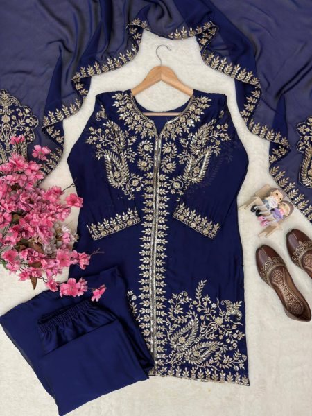 Efficient Blue Rangoli Silk Kurti Set with Zari Embroidery Work Ready To Wear Collection