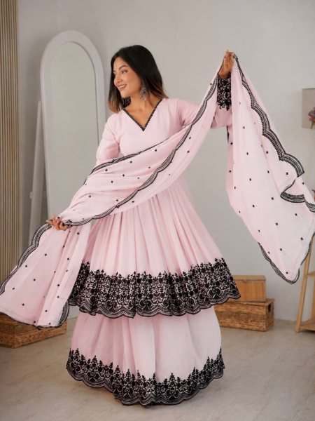  Efficient Faux Georgette Thread Embroidered Palazzo Suit Set With Designer Kurta For Party  Wedding   Festive Wear Ready To Wear Suit