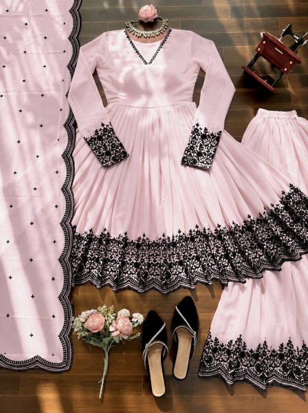  Efficient Faux Georgette Thread Embroidered Palazzo Suit Set With Designer Kurta For Party  Wedding   Festive Wear Ready To Wear Collection