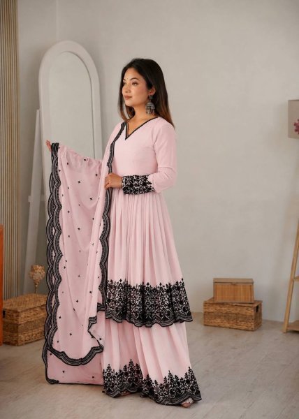  Efficient Faux Georgette Thread Embroidered Palazzo Suit Set With Designer Kurta For Party  Wedding   Festive Wear Ready To Wear Collection